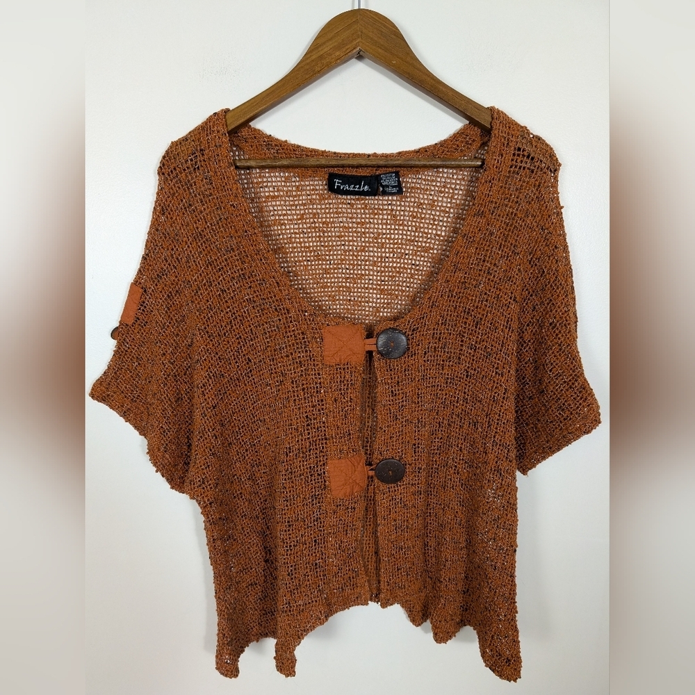 VINTAGE Frazzle Burnt Orange Open Knit Art To Wear Short SleeveCardigan Sweater - Picture 7 of 7